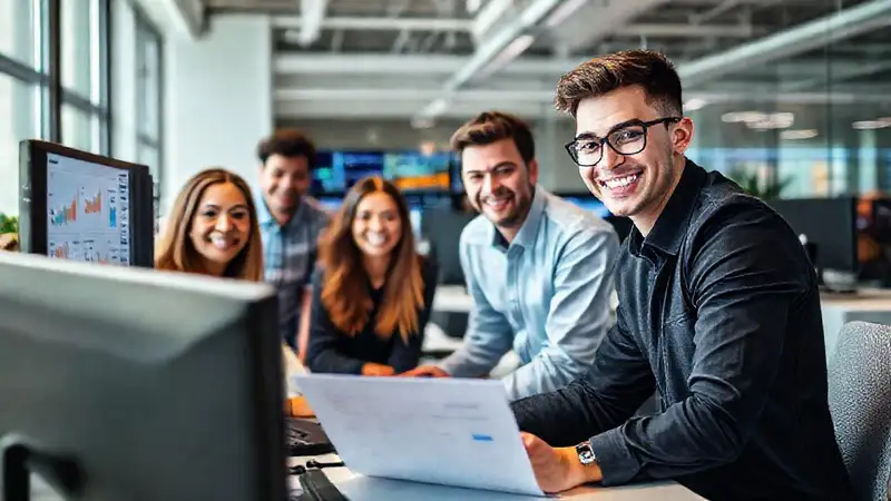 Joven graduado en oficina financiera moderna colaborativa