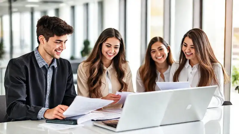 Graduados jóvenes en oficina moderna y profesional