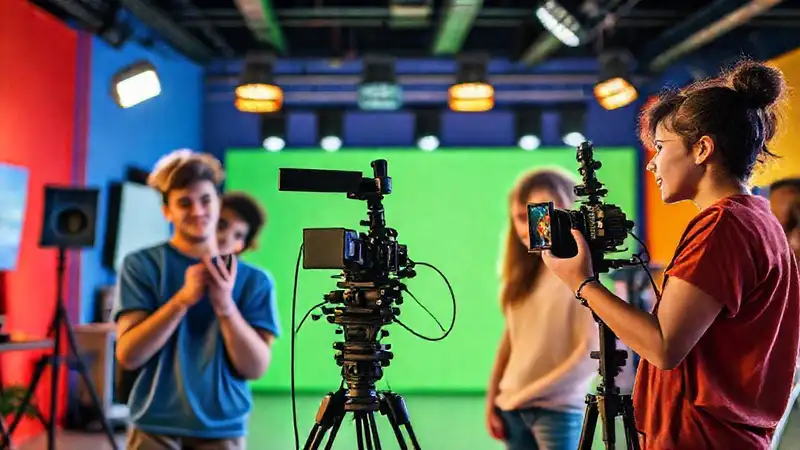 Estudiantes grabando con cámara profesional en estudio