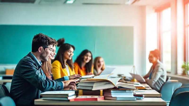 Estudiantes trabajando con libros y símbolos legales