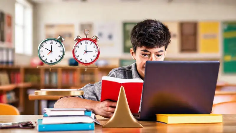 Estudiante equilibrando estudio y tiempo