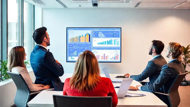Reunión de negocios con gráficos y colaboración