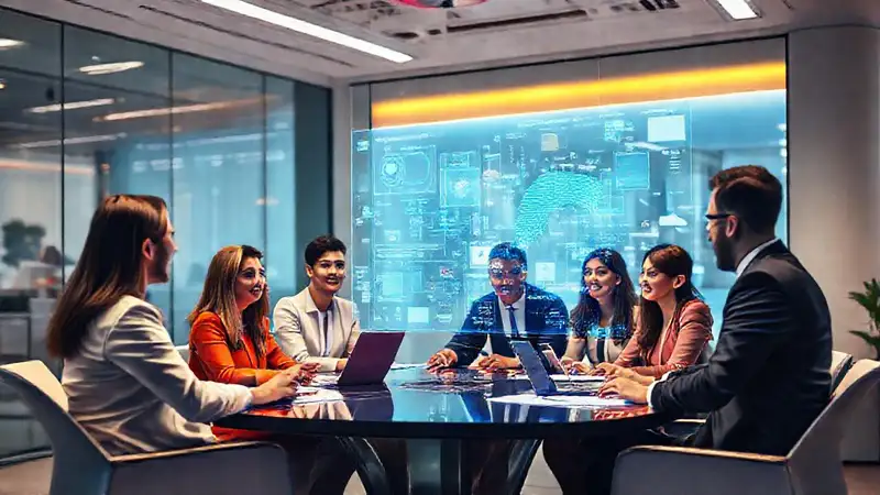 Reunión profesional con tecnología futurista y diversa