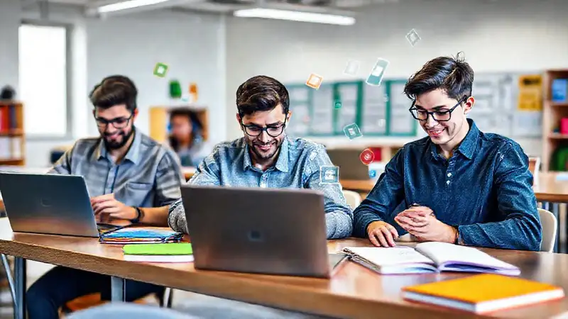 Estudiantes en aula moderna y organizada