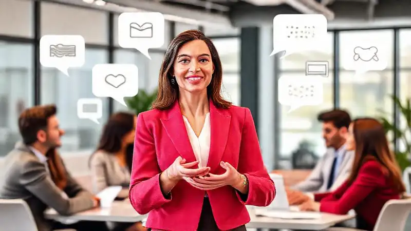 Mujer profesional presenta en oficina moderna