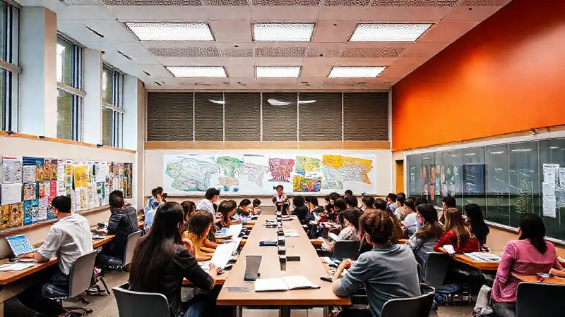 Aula moderna y vibrante con estudiantes activos