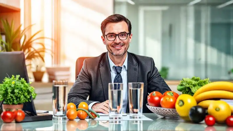 Abogado saludable con frutas en oficina moderna