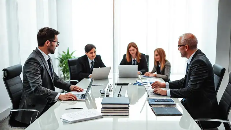Abogados colaborando en una mesa moderna