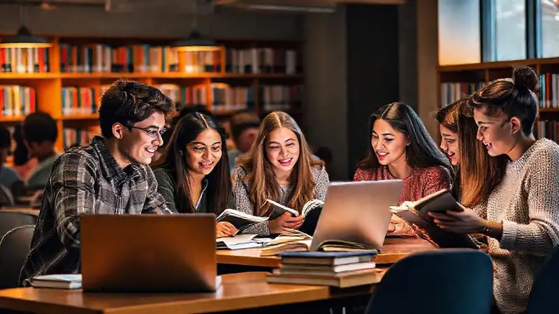 Estudiantes estudiando en una biblioteca moderna
