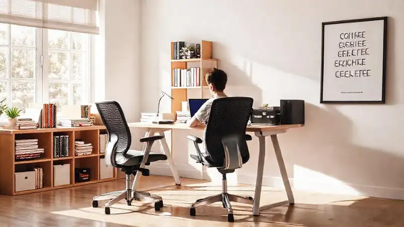 Estudio ordenado con luz y mobiliario ergonómico