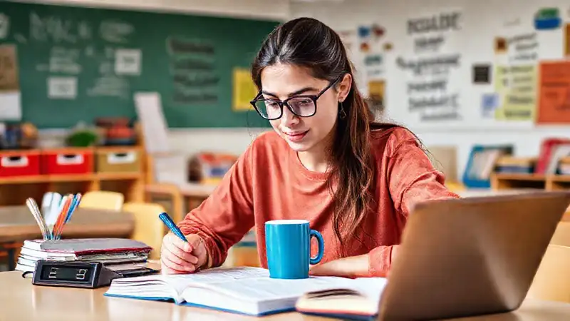 Estudiante estudia en aula organizada y motivadora