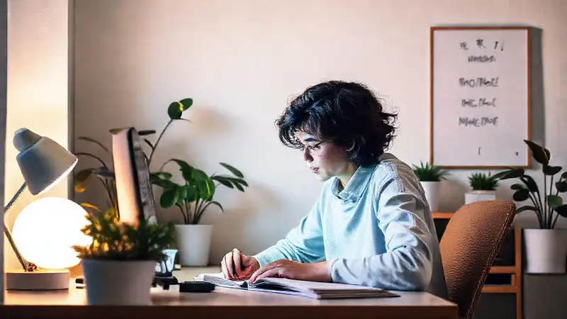 Estudiante en espacio organizado y relajante
