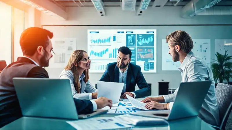 Equipo revisando datos financieros en oficina moderna