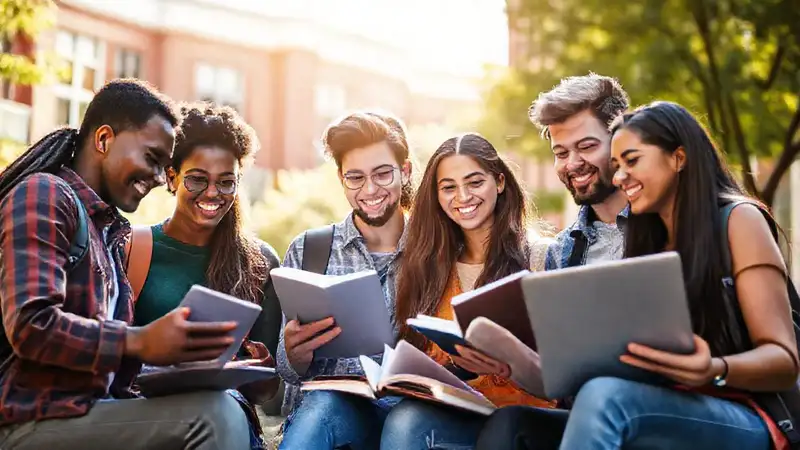 Estudiantes diversos estudiando en campus soleado