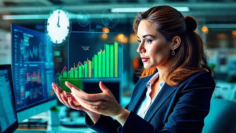Mujer analizando finanzas en oficina moderna