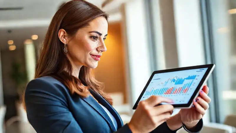 Mujer analiza gráficos financieros en oficina moderna