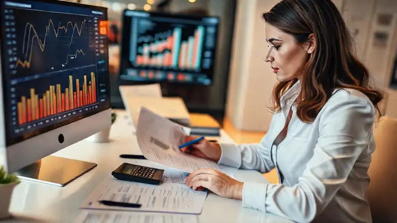 Mujer analizando finanzas en oficina moderna