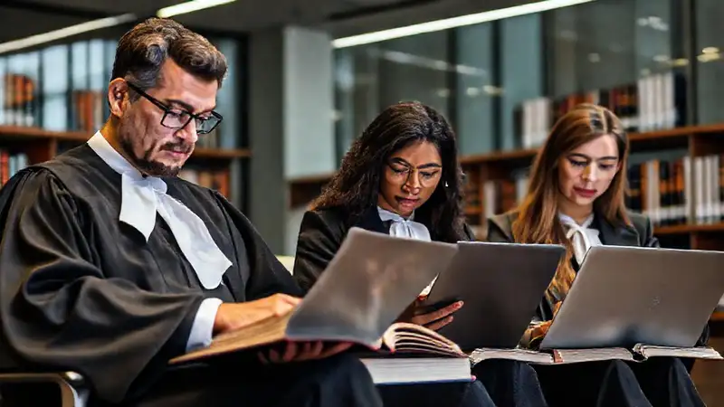 Jueces y estudiantes en biblioteca moderna y profesional