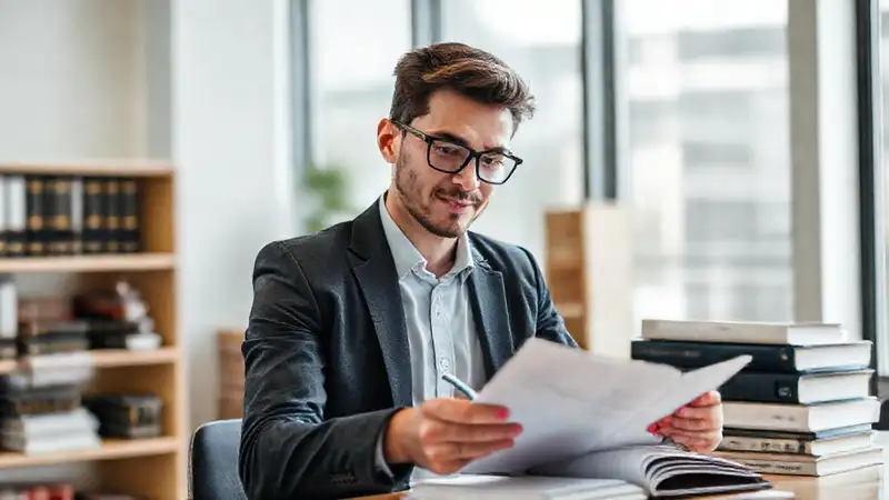 Estudiante revisa notas legales con confianza