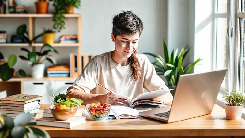 Estudiante estudiando en espacio organizado y vibrante