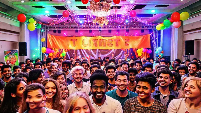 Escenario festivo con gente sonriente y colorida