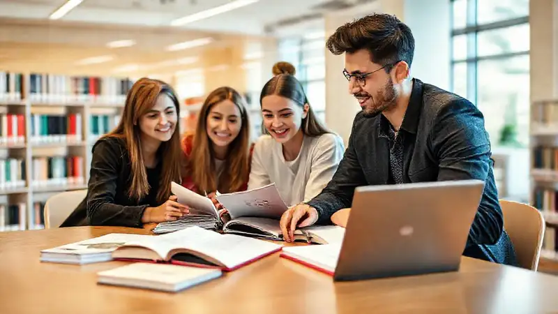 Estudiantes de derecho estudiando en biblioteca moderna