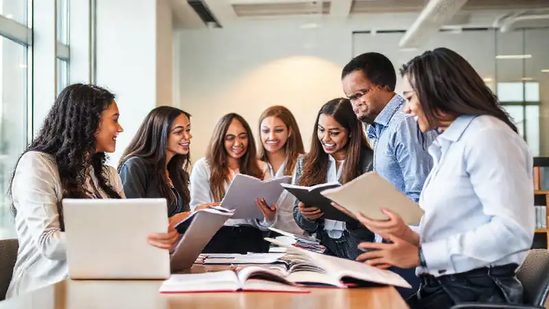 Estudiantes de derecho colaboran en oficina moderna