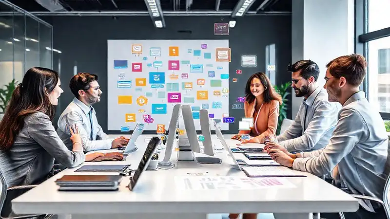 Oficina moderna, colaboración, tecnología y diseño limpio