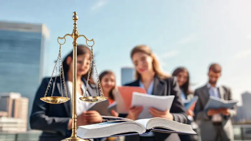 Joven abogada estudia justicia con colegas