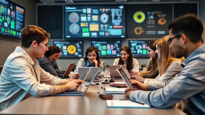 Estudiantes en aula moderna con tecnología digital