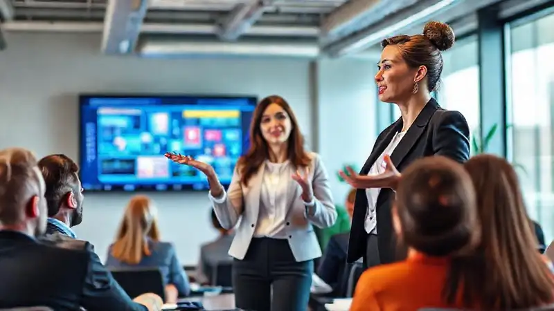 Mujer profesional presenta en audiencia diversa