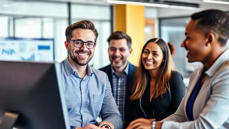 Contador profesional colaborando en equipo positivo