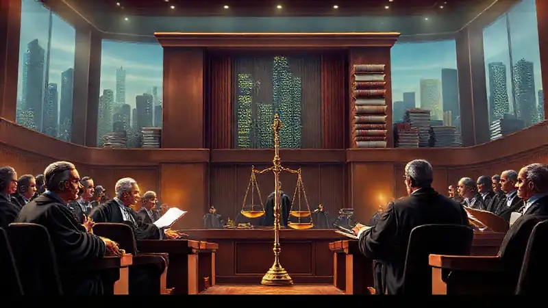 Jueces y abogados en moderno tribunal digital