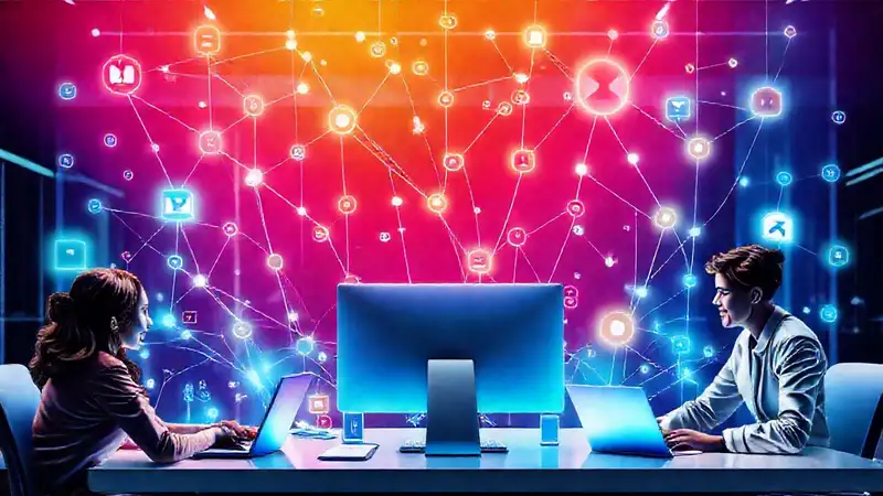 Profesionales colaboran en entorno digital vibrante