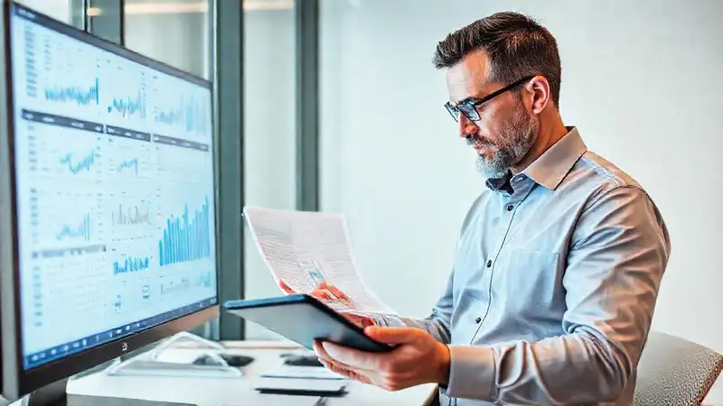Contador analizando informes financieros en oficina moderna