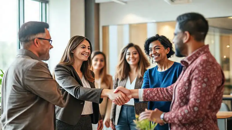 Mujer profesional estrecha manos con líderes comunitarios