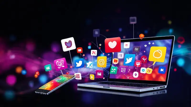Iconos digitales conectados en ambiente vibrante y moderno