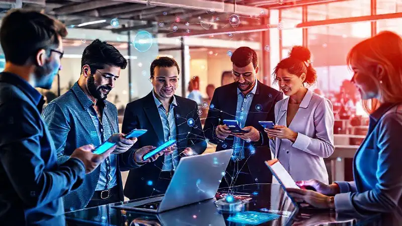 Influyentes digitales colaboran en oficina moderna futurista
