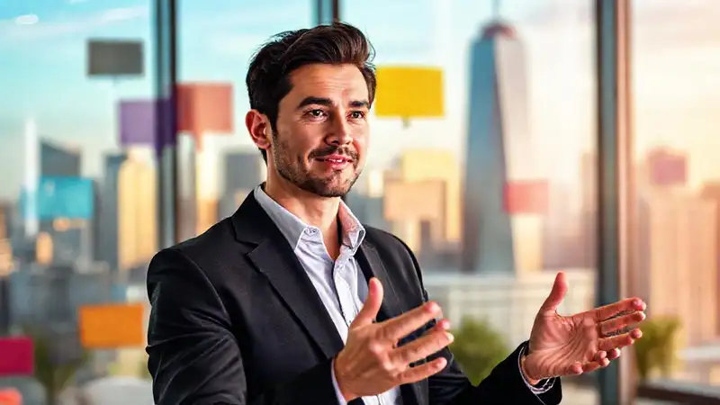 Comunicador profesional en ciudad moderna y brillante