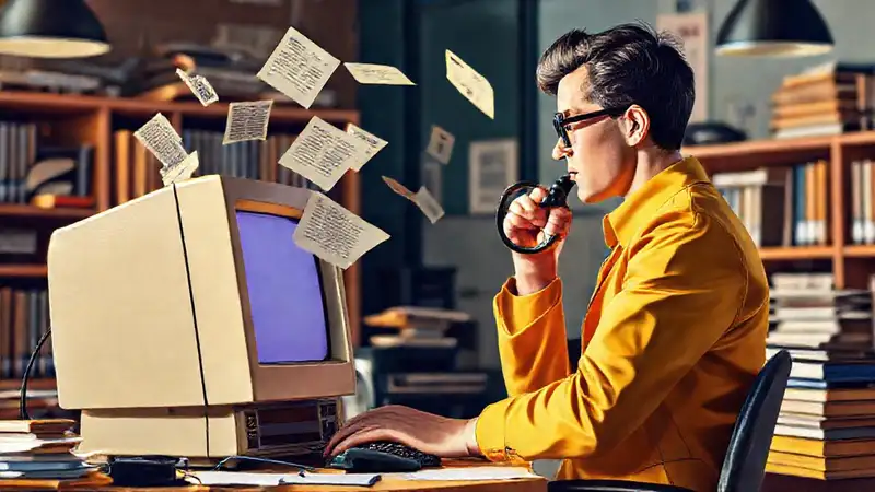 Periodista investigando archivos y documentos digitales