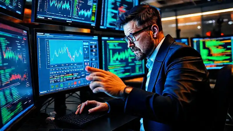 Periodista analizando datos digitales en pantalla