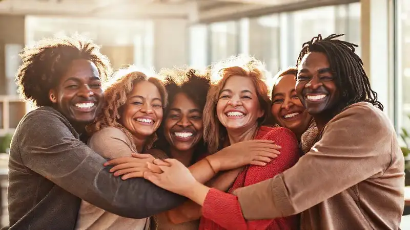 Grupo diverso sonriente en ambiente inclusivo