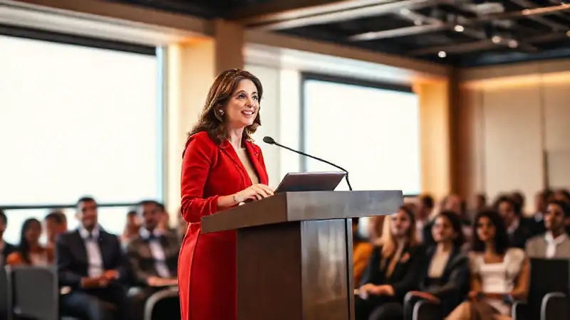 Mujer profesional habla en conferencia segura