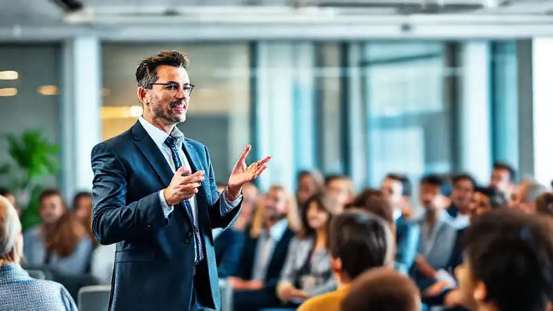 Profesional confiado comunica en moderno entorno dinámico