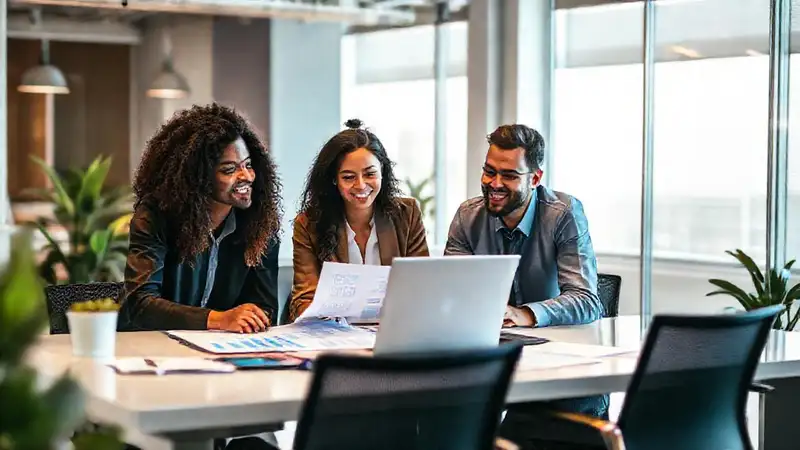 Equipo colaborando en oficina moderna y motivadora