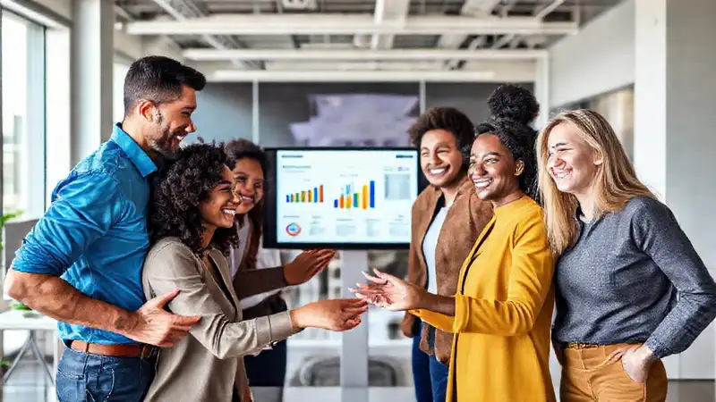 Colaboración diversa y positiva en oficina moderna