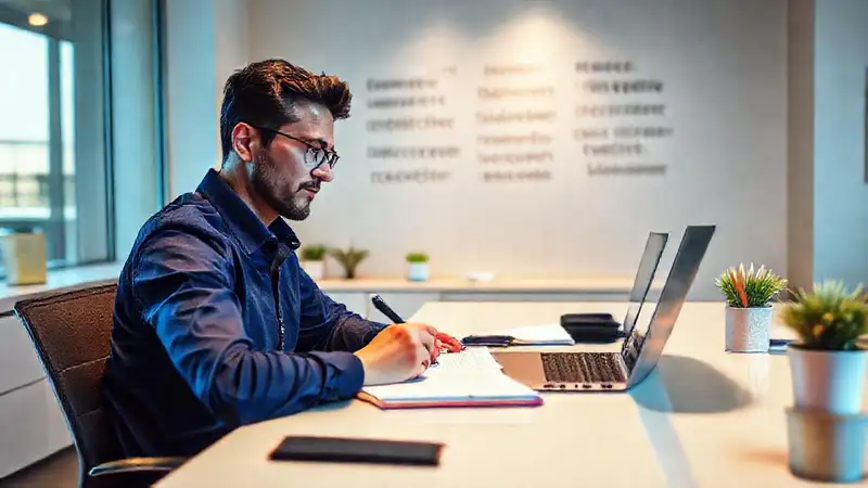 Persona escribiendo en oficina moderna y luminosa