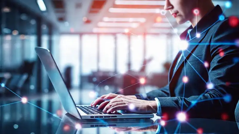 Profesional con laptop y conexiones digitales vibrantes