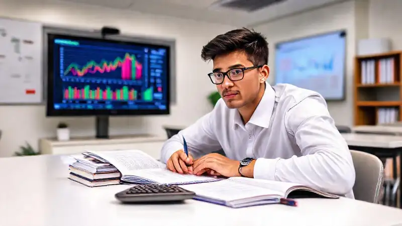 Estudiante estudia con libros y calculadora