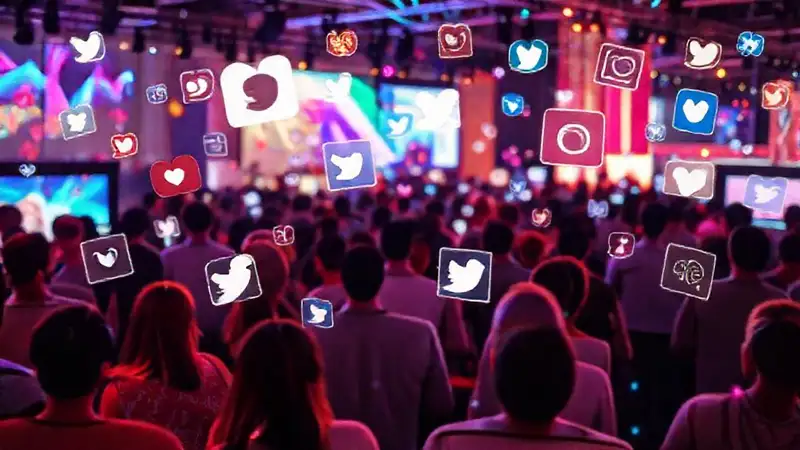 Íconos, personas y gráficos coloridos en eventos